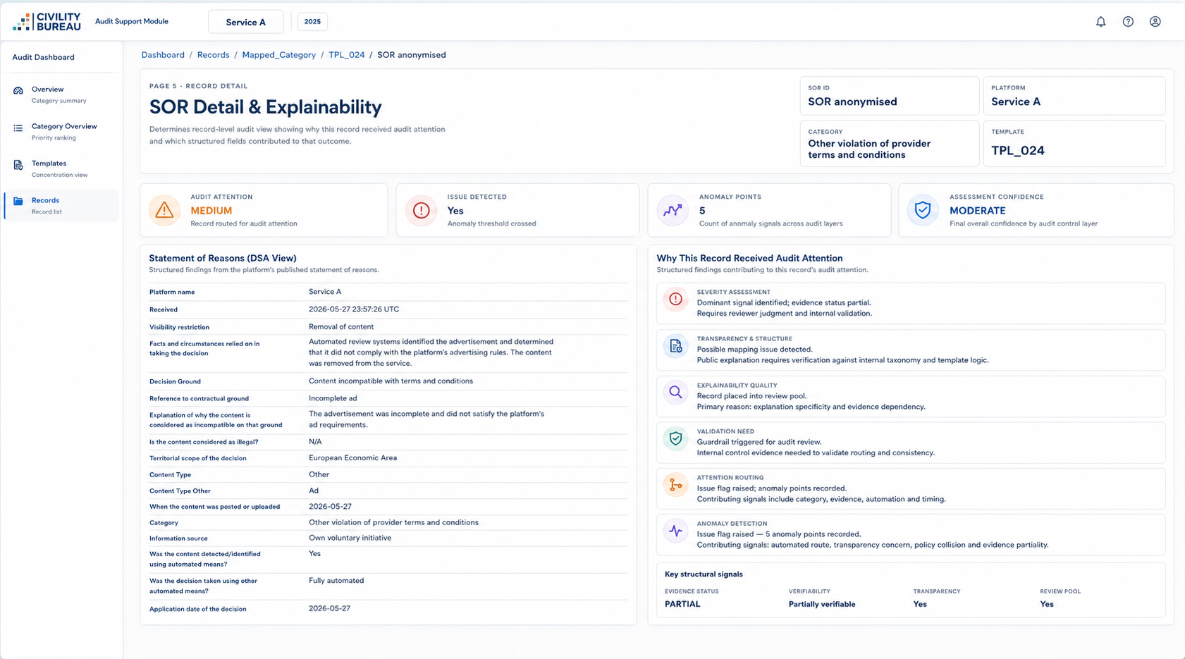 Statement of Reasons detail and explainability view