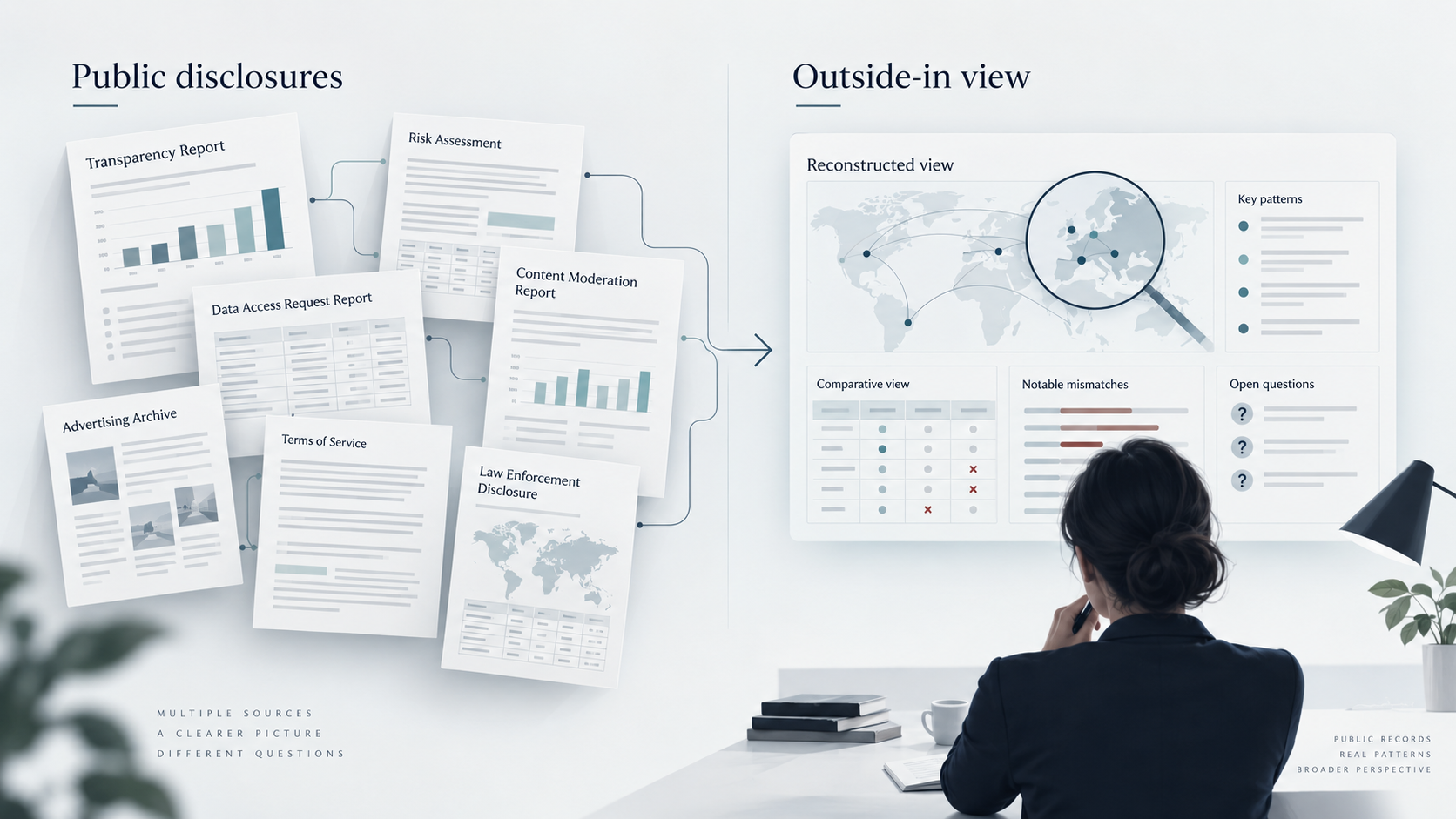 Public disclosures are assembled into an outside-in view showing patterns, comparisons and open questions.